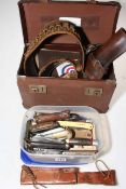 Collection of pocket knives and holster and cartridge belt, etc.