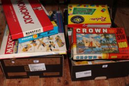 Two boxes of games and toys including Meccano, Rapier Mobile Crane, model vehicles, etc.