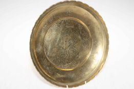 Chinese footed bronze bowl with figure and dragon decoration, 28cm diameter.