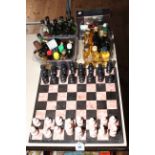 Marble chess set and board, and collection of spirit miniatures.