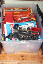 Box of model railway including engines, rolling stock, controller, track, etc.