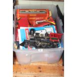 Box of model railway including engines, rolling stock, controller, track, etc.