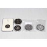 Five silver proof capsulated coins inc: 'J' alphabet letter, 1658 Oliver Cromwell style half crown,