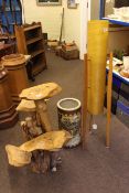 Arboreal plant stand, pottery stick stand and 1960's floor lamp (3).