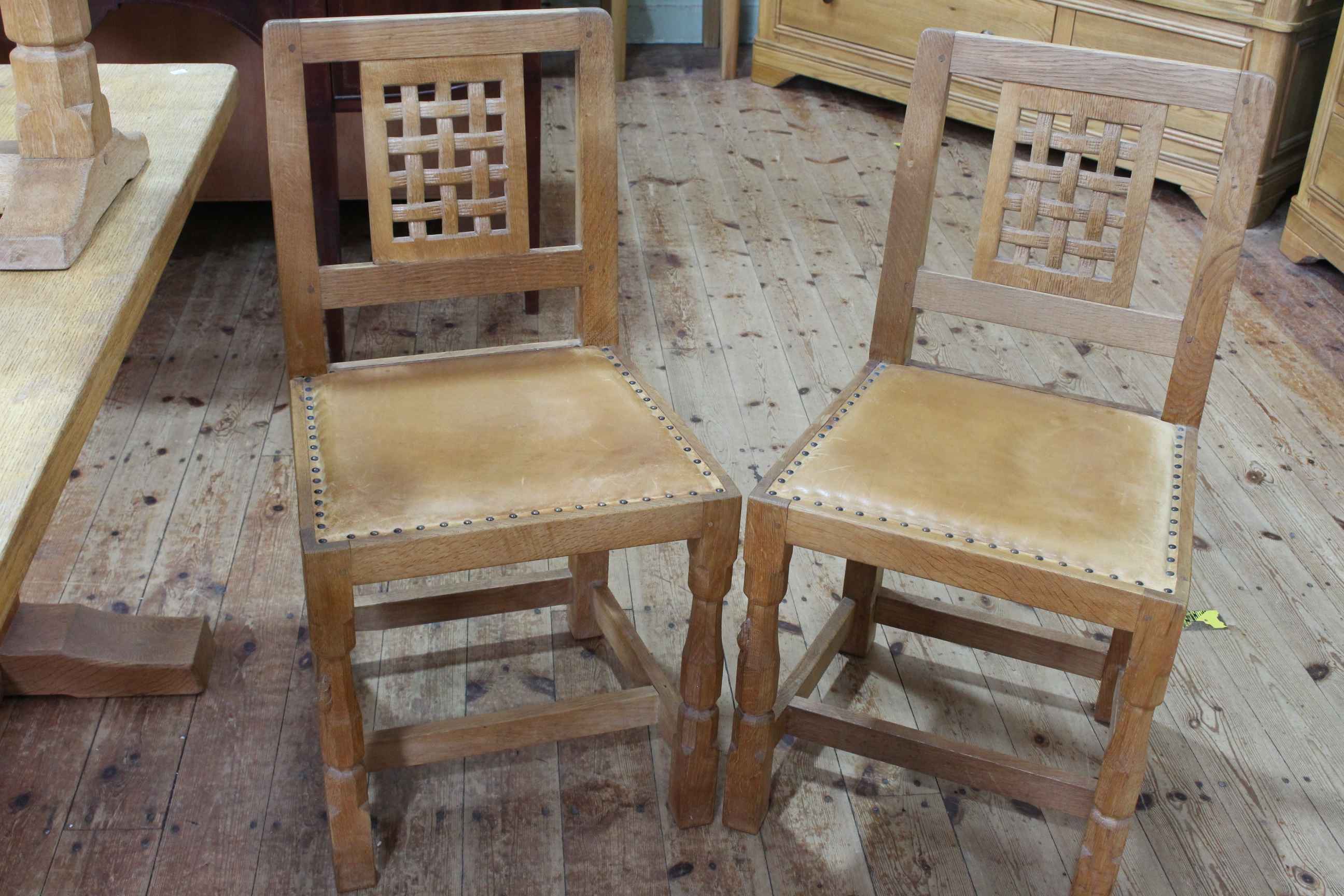 Robert Thompson of Kilburn 'Mouseman' oak refectory table and four lattice back chairs (table 73cm - Image 3 of 4