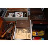 Collection of tools, vintage tins, motoring booklets, wooden chests, etc.