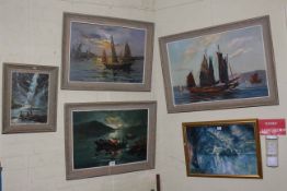 Four framed seascape and landscape oils and framed print.