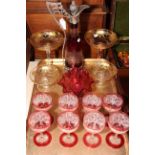 Two pairs of clear and gilt decorated glass sundae dishes, ruby glass carafe,