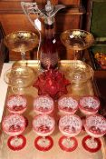 Two pairs of clear and gilt decorated glass sundae dishes, ruby glass carafe,