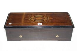 Victorian walnut, satin and ebony inlaid music box, 14cm high.