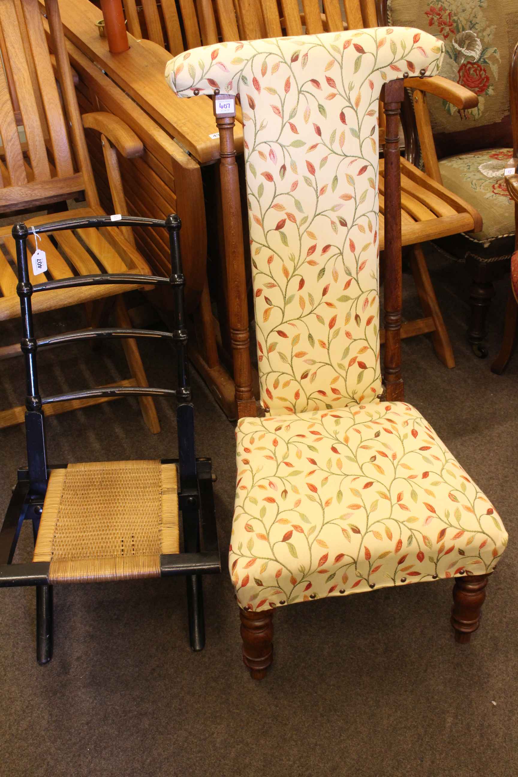 Victorian Prie Dieu chair and ebonised folding campaign chair (2).