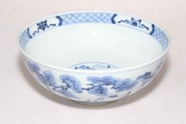 Chinese blue and white bowl decorated with figures and verse with six character mark to base,
