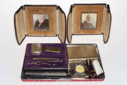 Pair of portrait miniatures of lady and gent in leather cases, 18 carat gold mounted cheroot holder,