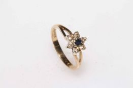 9 carat gold, sapphire and diamond petal design cluster ring, size O.