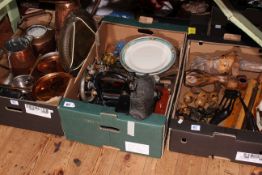 Three boxes of copper wares, sewing machine, carved wood, two oil lamps, pot stick stand, porcelain,