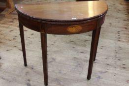 Victorian inlaid mahogany demi lune fold top tea table, 75cm by 92cm by 45cm (closed).