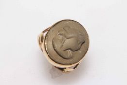 Lava cameo set in 9 carat gold ring, size M.
