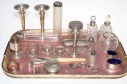 Collection of silver and silver plate including pair of silver vases, toilet jars, salts, etc.