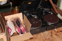 Two 'His Masters Voice' table top gramophones and records.