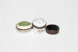 Two enamel snuff boxes and Tigers Eye snuff box (3).