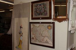 Chinese scroll, rosewood framed needlework, map print and fretwork mirror (4).