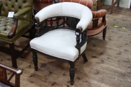 Victorian oak tub chair on turned legs in white hide.