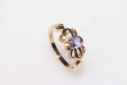 9 carat yellow gold colour change Alexandrite and diamond ring, size P.