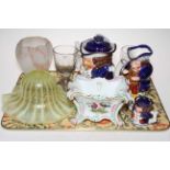 Vaseline glass light shade, Allerton toby teapot, milk jugs and miniature teapot,