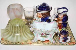 Vaseline glass light shade, Allerton toby teapot, milk jugs and miniature teapot,