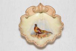 Locke & Co Worcester shell shaped bowl, painted with pheasant, signed W.