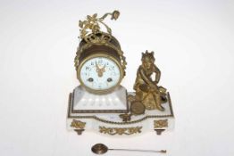 Gilt metal and marble mantel clock with mounted cherub.