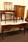 Edwardian mahogany and line inlaid marble topped washstand, pot cupboard and bedroom chair (3).