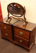 Pair two drawer mahogany pedestals and oval toilet mirror (3).