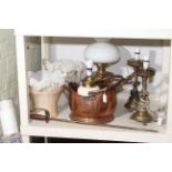 Oil lamps converted to electric, copper scuttle, shades, fencing stick, etc.