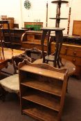 Pair Victorian mahogany parlour chairs, oak open bookcase,