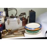 Copper kettles, embroidered vanity set, sewing machine, etc.