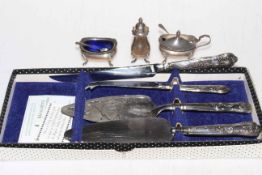 Three piece silver cruet set, silver handled knife, cake slice and butter knife,