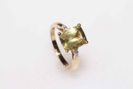 Golden Beryl and diamond ladies ring set in 9 carat yellow gold, size N.