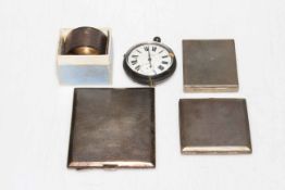 Silver cigarette case, two silver compacts, napkin ring and silver cased pocket watch.