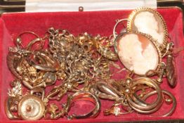 Collection of gold and other jewellery including pair of 18 carat gold earrings, cameo brooches,
