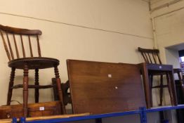 Pair Victorian Ibex kitchen chairs, mahogany luggage rack and rectangular oak coffee table (4).