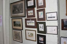 Collection of nine framed Cluff prints, watercolour 'By Whortlon Bridge', Durham map print,