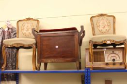 Pair French style side chairs in floral needlework, pianola stool and vintage mains radio (4).