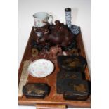 Oriental wooden buffalo and child on wooden stand, Famille Rose decorated tankard,