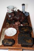 Oriental wooden buffalo and child on wooden stand, Famille Rose decorated tankard,