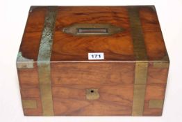 Victorian walnut and brass bound vanity set box with padded felt interior, 15cm high.