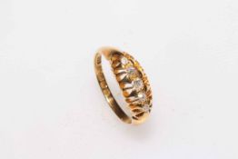 18 carat yellow gold five stone diamond ring, size M½.