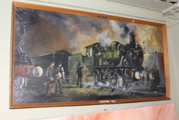 Cavan Corrigna, Steam Trains, oil on board, signed lower left, 58cm by 121cm, framed.