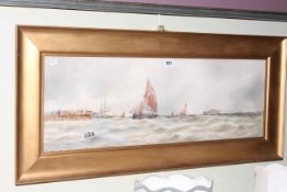 William Cannon, Boats Approaching a Harbour, watercolour, signed lower left, 25cm by 74cm,