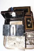 Collection of coins, bank notes, pre-1947 silver, cash boxes, etc.